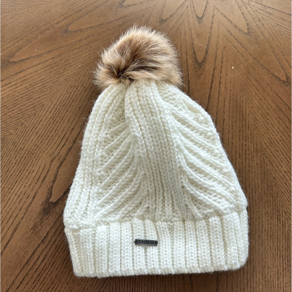 Chaos Brown Puff Ball White Beanie